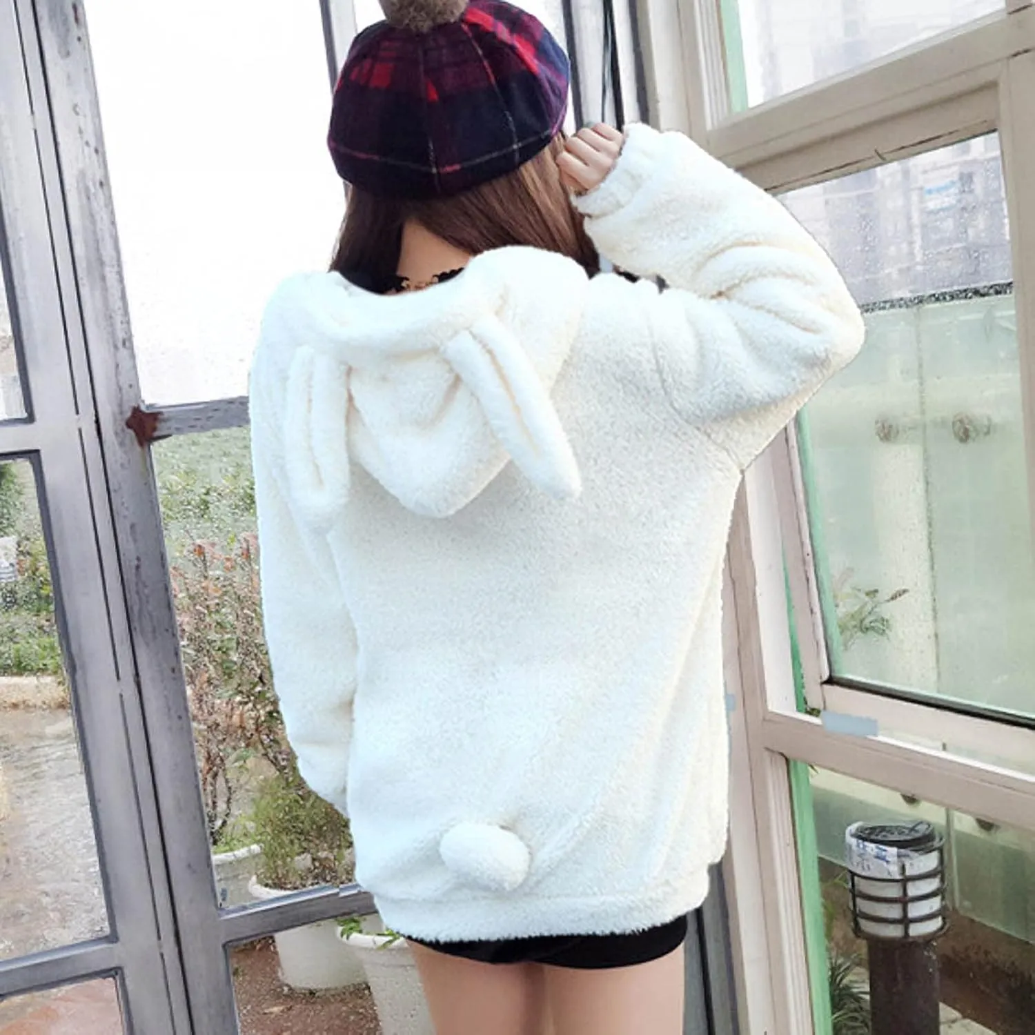 acdiac Fluffy Kawaii Bunny/Bear Hoodie Ears&Tail Animal Top Cute Rabbit Zip Jacket Winter Women Girl Sweet Sweater Coat