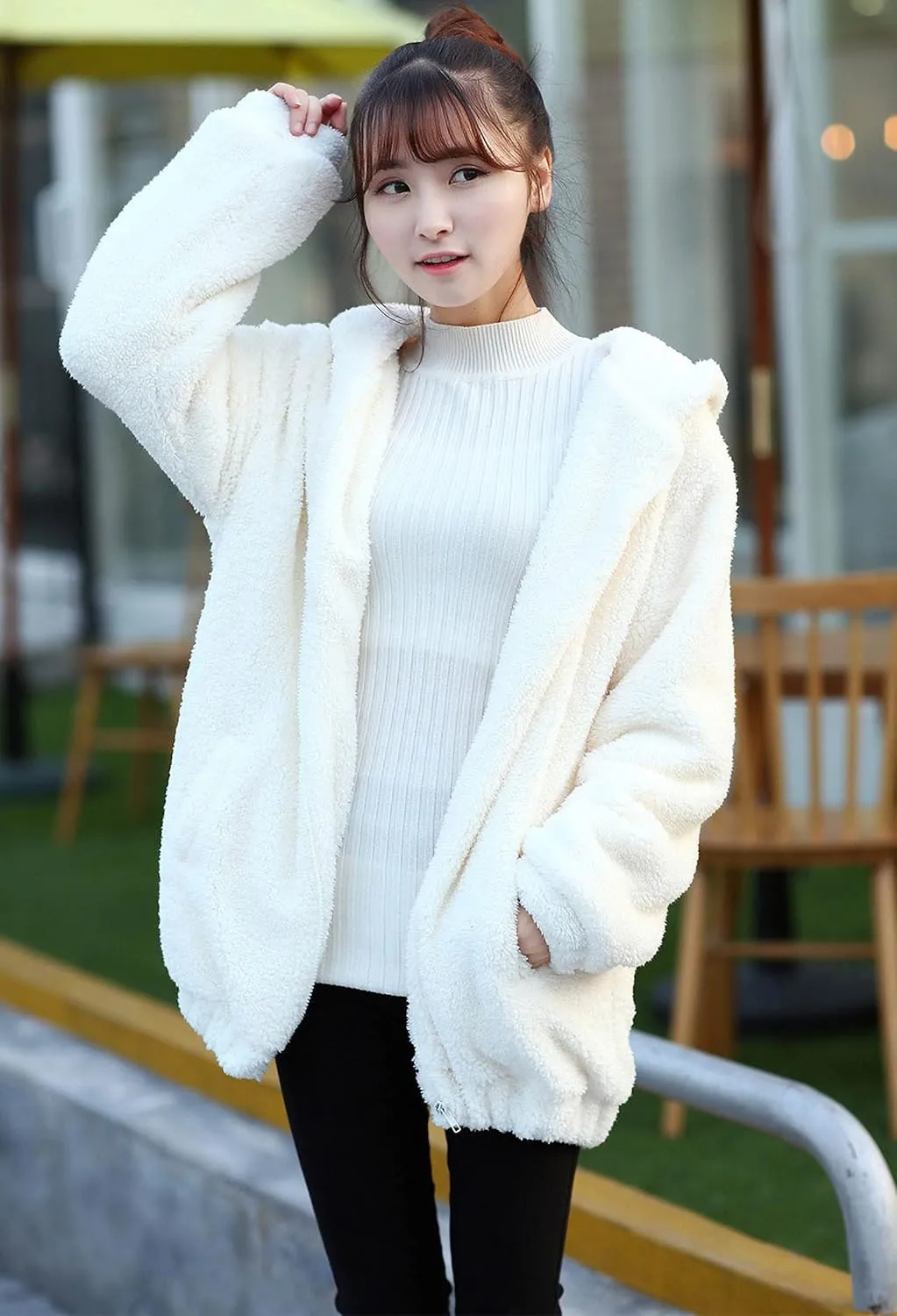 acdiac Fluffy Kawaii Bunny/Bear Hoodie Ears&Tail Animal Top Cute Rabbit Zip Jacket Winter Women Girl Sweet Sweater Coat