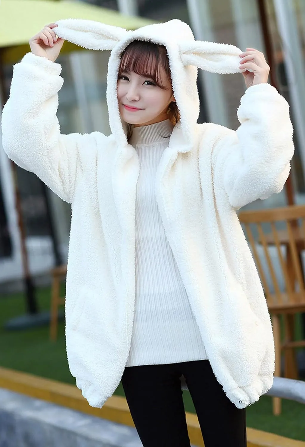 acdiac Fluffy Kawaii Bunny/Bear Hoodie Ears&Tail Animal Top Cute Rabbit Zip Jacket Winter Women Girl Sweet Sweater Coat