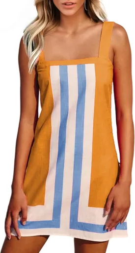 Ailoqing 2025 Women Boho Floral Mini Dress Summer Casual Color Block Beach Overall Striped Dress Coverups