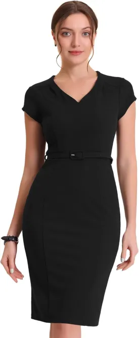 Allegra K Pencil Dress for Women's 2023 V Neck Cap Sleeve Raised Waist Work Business Bodycon Sheath Dress