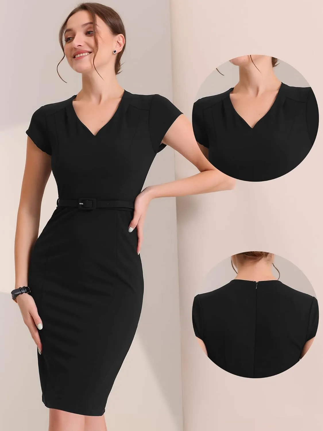 Allegra K Pencil Dress for Women's 2023 V Neck Cap Sleeve Raised Waist Work Business Bodycon Sheath Dress