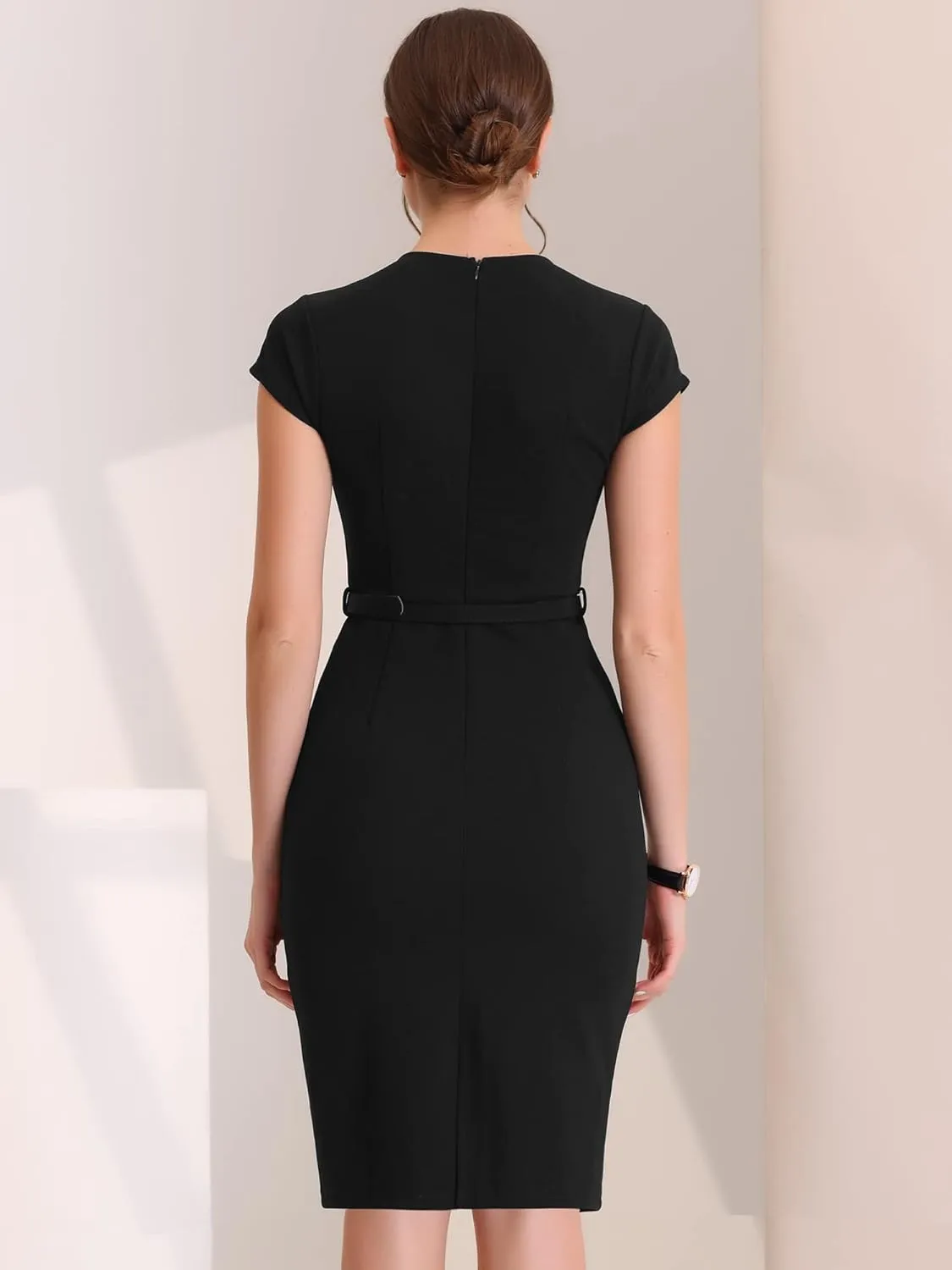 Allegra K Pencil Dress for Women's 2023 V Neck Cap Sleeve Raised Waist Work Business Bodycon Sheath Dress