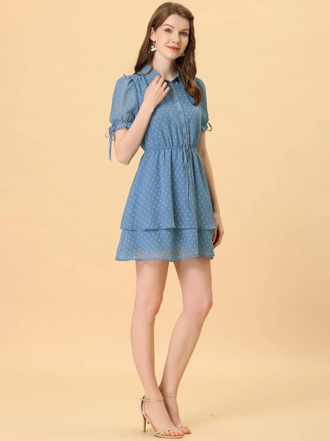 Allegra K Women's Peter Pan Collar Floral Drawstring Chiffon Layered Dress