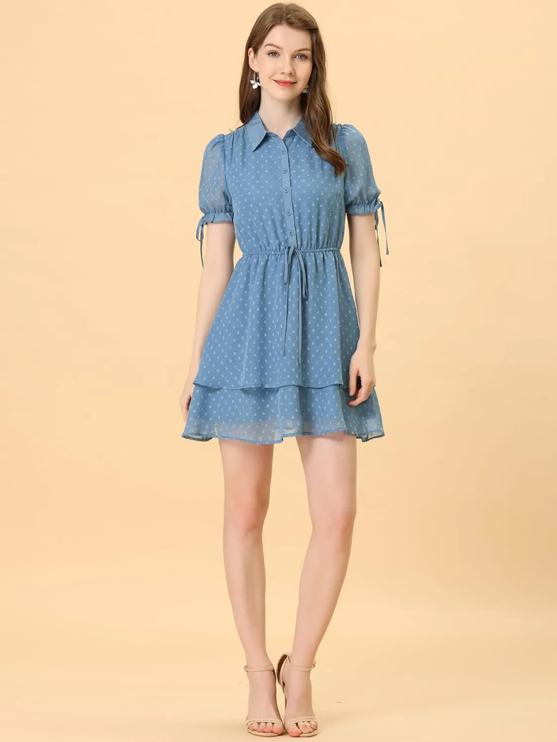 Allegra K Women's Peter Pan Collar Floral Drawstring Chiffon Layered Dress