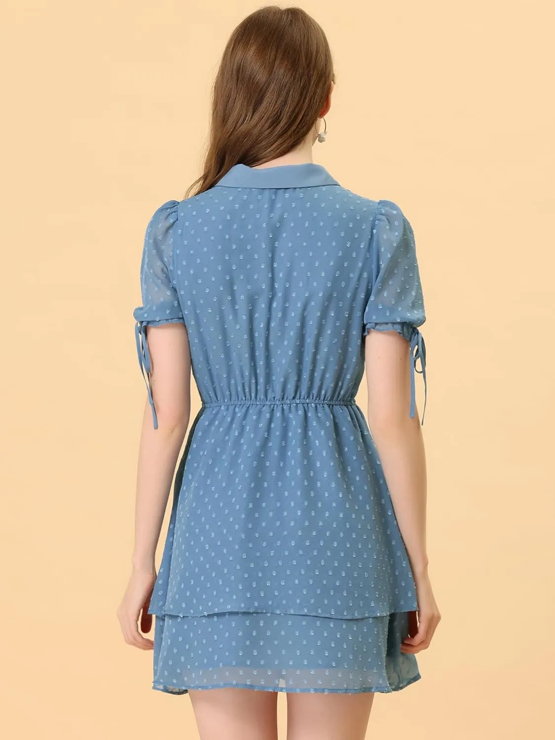 Allegra K Women's Peter Pan Collar Floral Drawstring Chiffon Layered Dress