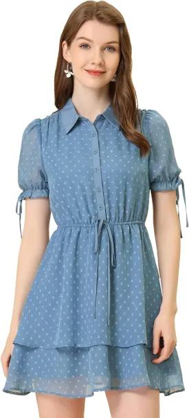 Allegra K Women's Peter Pan Collar Floral Drawstring Chiffon Layered Dress