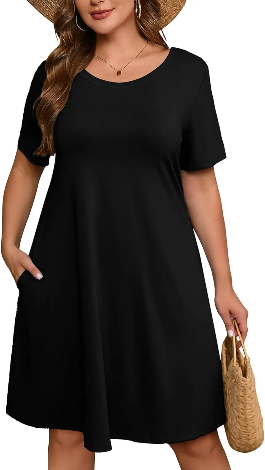 AusLook Plus Size Women's Summer Short Sleeves Crew Neck Midi Dresses Casual Loose Fitting Tank Sundress with Pockets