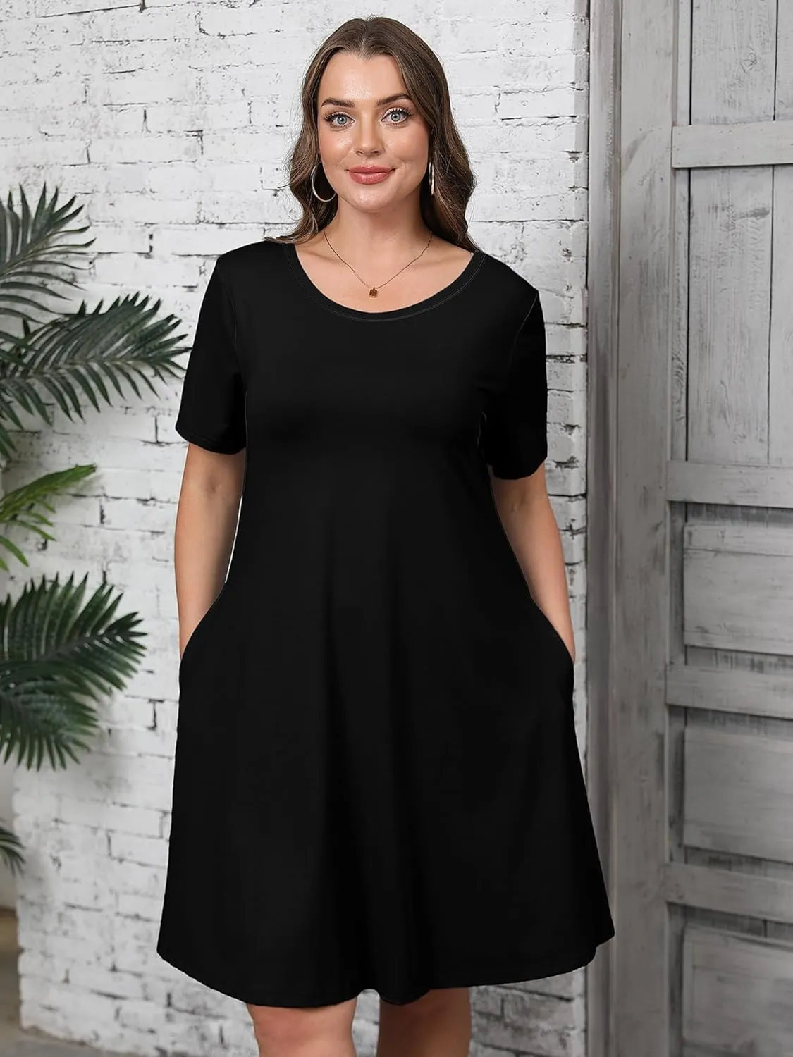 AusLook Plus Size Women's Summer Short Sleeves Crew Neck Midi Dresses Casual Loose Fitting Tank Sundress with Pockets