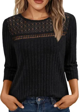 AUTOMET Womens 3/4 Length Sleeve Tops 2025 Lace Summer Fall Work T Shirts Dressy Business Casual Tunic Blouses Clothes