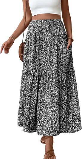 Blostirno Women's Floral Long Skirt Smocked Elastic High Waist Summer Boho Tiered Flowy Casual Maxi Skirts with Pockets