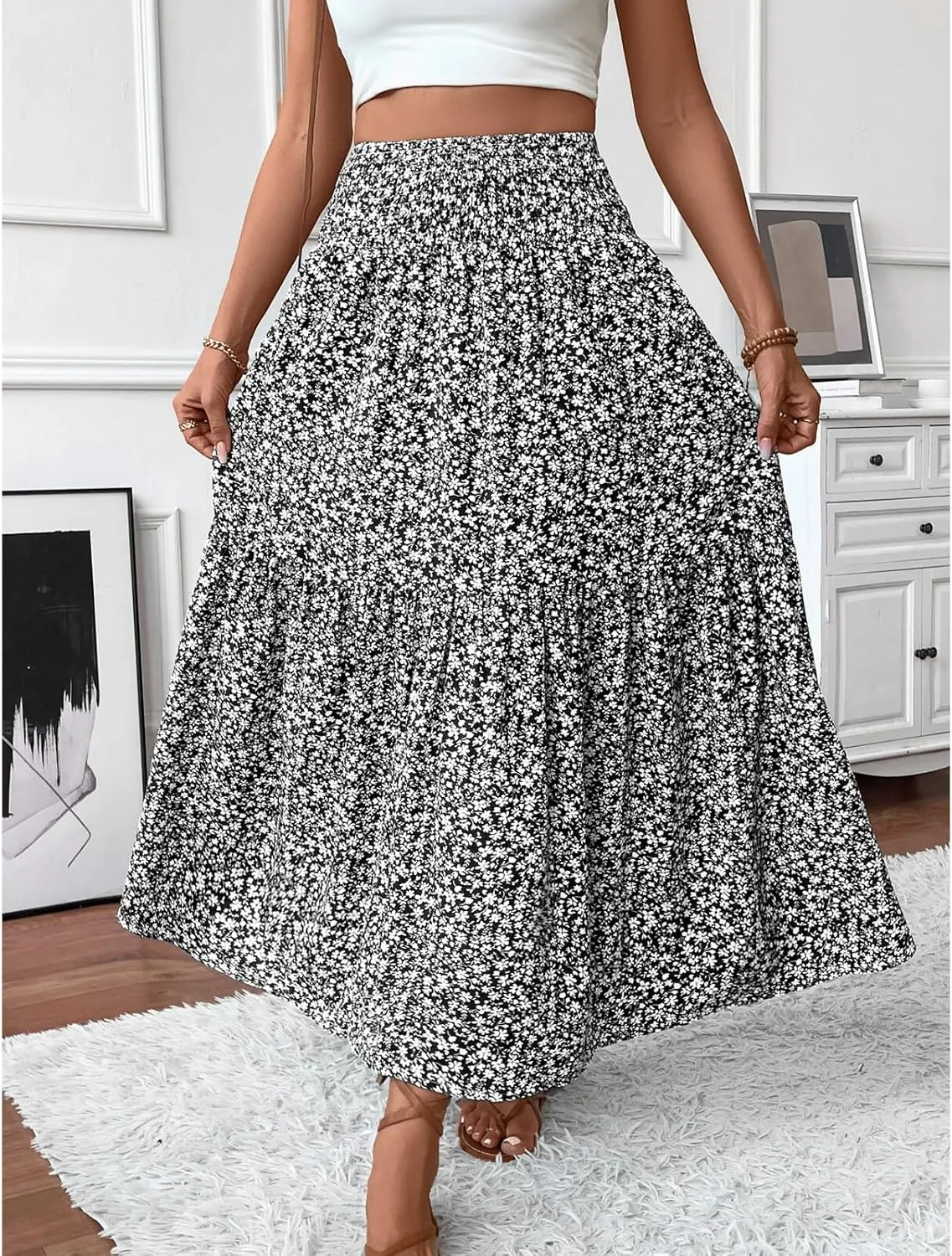 Blostirno Women's Floral Long Skirt Smocked Elastic High Waist Summer Boho Tiered Flowy Casual Maxi Skirts with Pockets