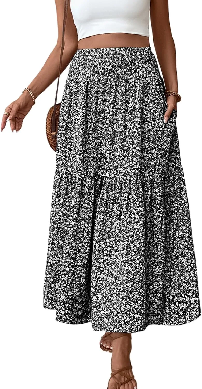 Blostirno Women's Floral Long Skirt Smocked Elastic High Waist Summer Boho Tiered Flowy Casual Maxi Skirts with Pockets