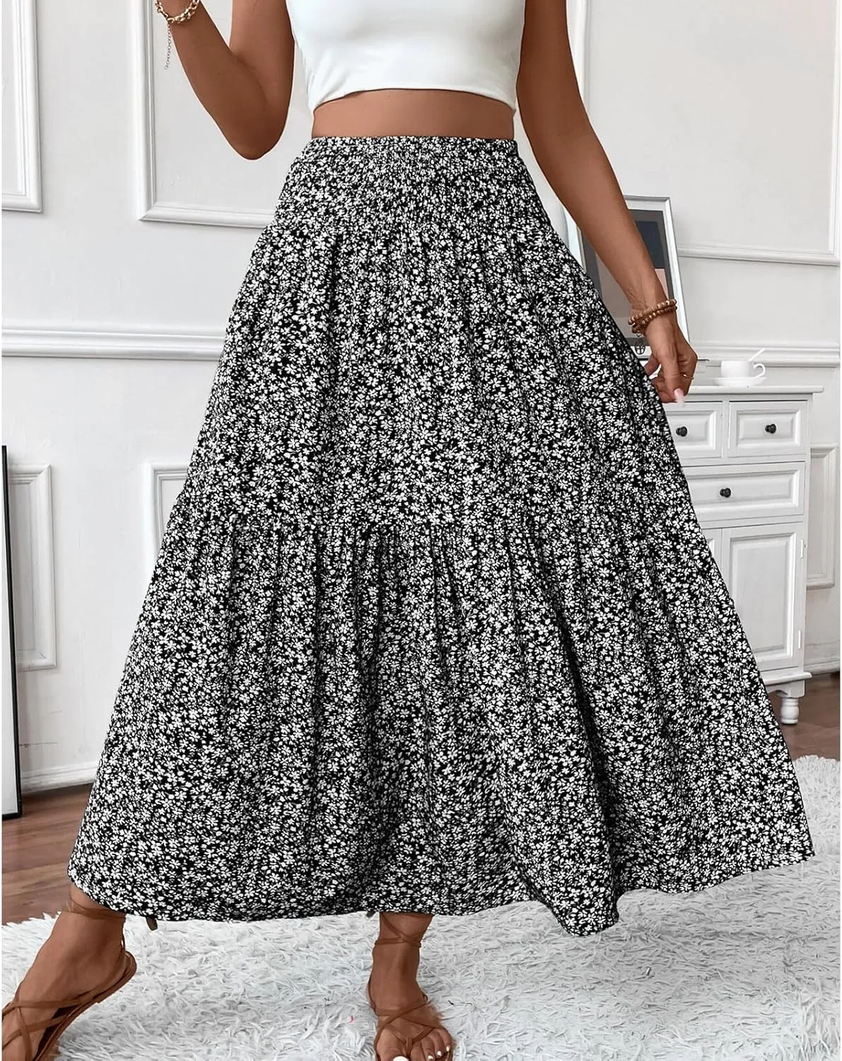 Blostirno Women's Floral Long Skirt Smocked Elastic High Waist Summer Boho Tiered Flowy Casual Maxi Skirts with Pockets