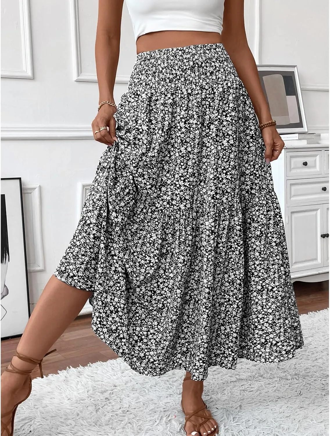 Blostirno Women's Floral Long Skirt Smocked Elastic High Waist Summer Boho Tiered Flowy Casual Maxi Skirts with Pockets