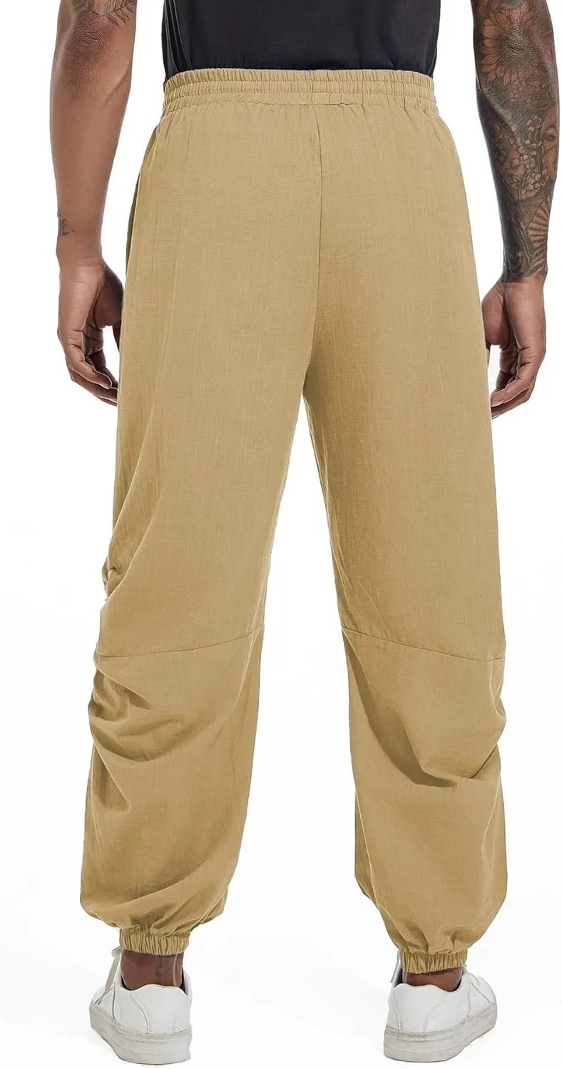 CLANMILUMS Mens Cotton Linen Drawstring Pants Elastic Waist Casual Jogger Yoga Pants