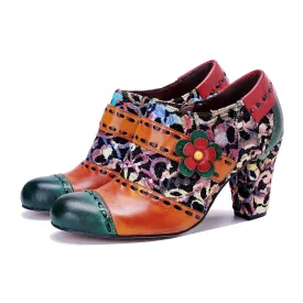 CrazycatZ Leather Pumps,Women  Vintage Block Heel Oxford Vintage Shoes Color Blocking Oxford Shoes 80302
