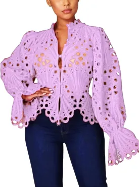 Doweha Womens Sexy Ruffle Long Sleeve Summer Lace Tops 2025 Puff Flare Shirt V Neck Hollow Out Button Down Tunic Blouses