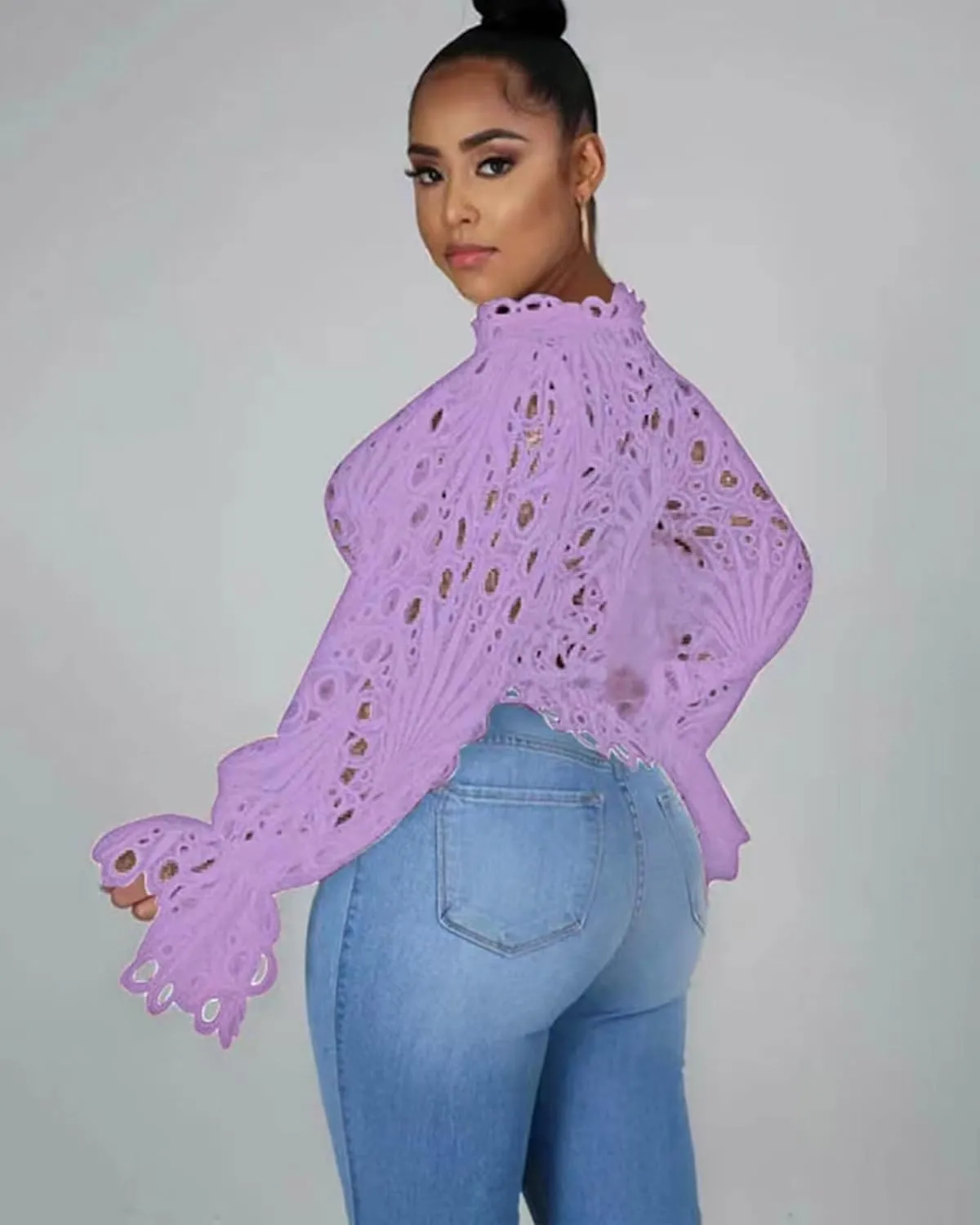 Doweha Womens Sexy Ruffle Long Sleeve Summer Lace Tops 2025 Puff Flare Shirt V Neck Hollow Out Button Down Tunic Blouses