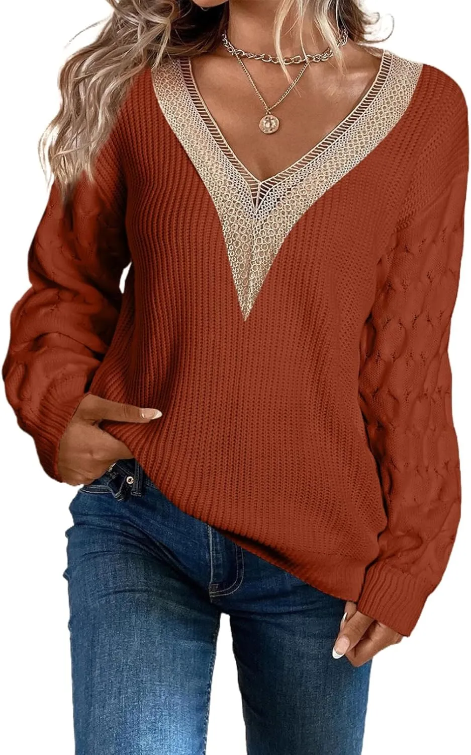EVALESS Womens Long Sleeve Sweaters Fall 2024 Trendy Sexy Lace V Neck Knit Drop Shoulder Pullover Sweater Jumper Tops
