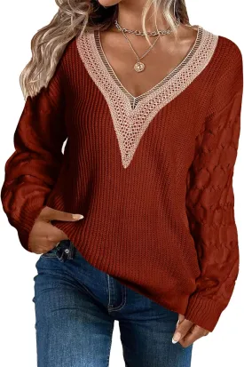 EVALESS Womens Long Sleeve Sweaters Fall 2024 Trendy Sexy Lace V Neck Knit Drop Shoulder Pullover Sweater Jumper Tops