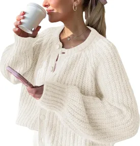 FindThy Womens Chunky Knit Cardigan Long Sleeve Button Down Crewneck Fall Sweater Coat