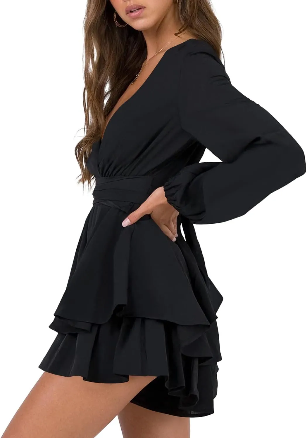 Hocuos Women's Long Lantern Sleeve Plunging V Neck Dress Tie Waist Layer Ruffle Hem A Line Swing Casual Short Mini Dress