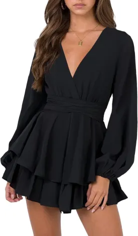 Hocuos Women's Long Lantern Sleeve Plunging V Neck Dress Tie Waist Layer Ruffle Hem A Line Swing Casual Short Mini Dress