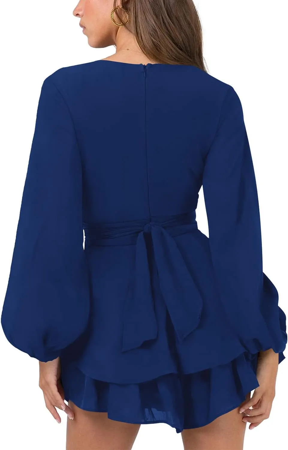 Hocuos Women's Long Lantern Sleeve Plunging V Neck Dress Tie Waist Layer Ruffle Hem A Line Swing Casual Short Mini Dress