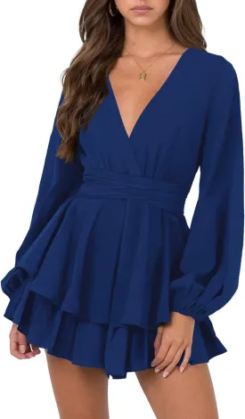 Hocuos Women's Long Lantern Sleeve Plunging V Neck Dress Tie Waist Layer Ruffle Hem A Line Swing Casual Short Mini Dress