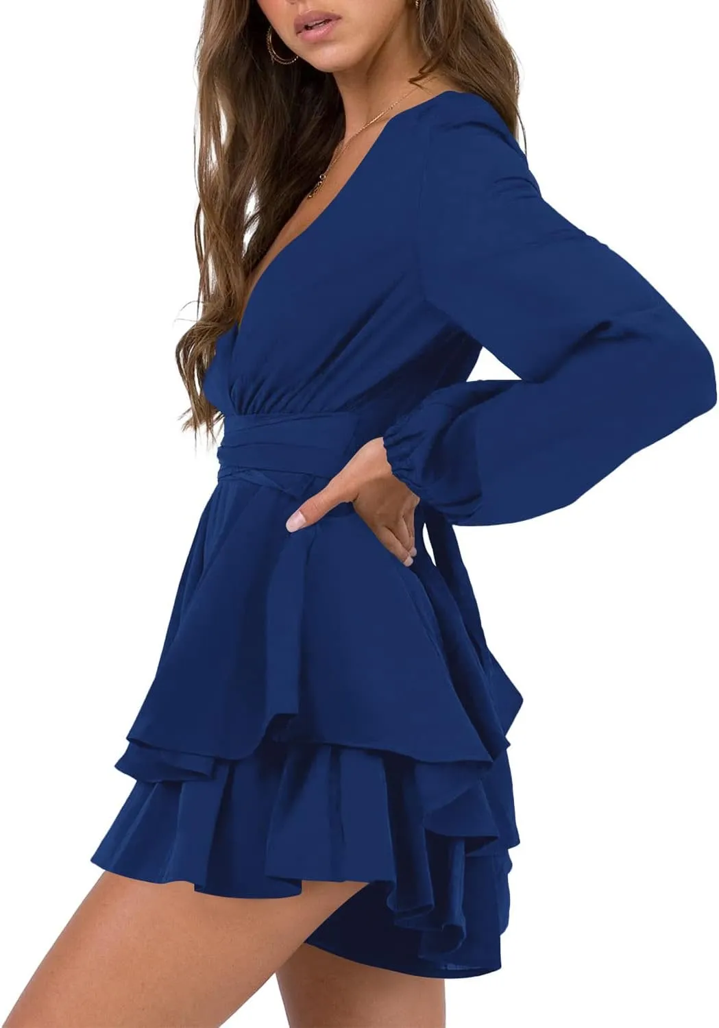 Hocuos Women's Long Lantern Sleeve Plunging V Neck Dress Tie Waist Layer Ruffle Hem A Line Swing Casual Short Mini Dress