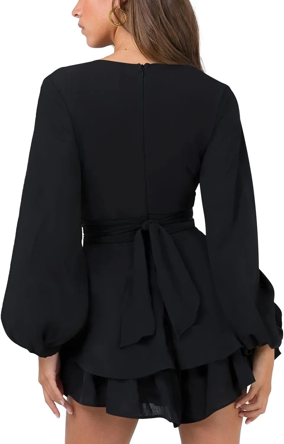 Hocuos Women's Long Lantern Sleeve Plunging V Neck Dress Tie Waist Layer Ruffle Hem A Line Swing Casual Short Mini Dress
