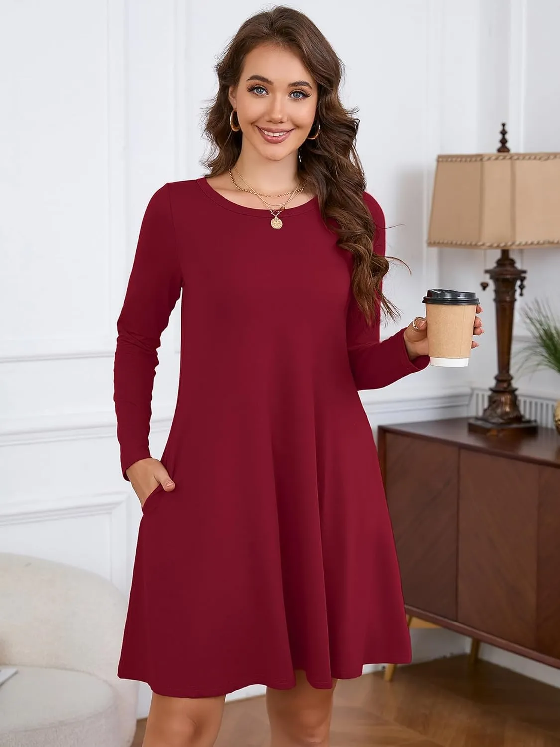 KORSIS Women Long Sleeve Tops T-Shirt Dress Round Neck Casual A-Line Loose Vocation Fall Winter Dress with Pockets