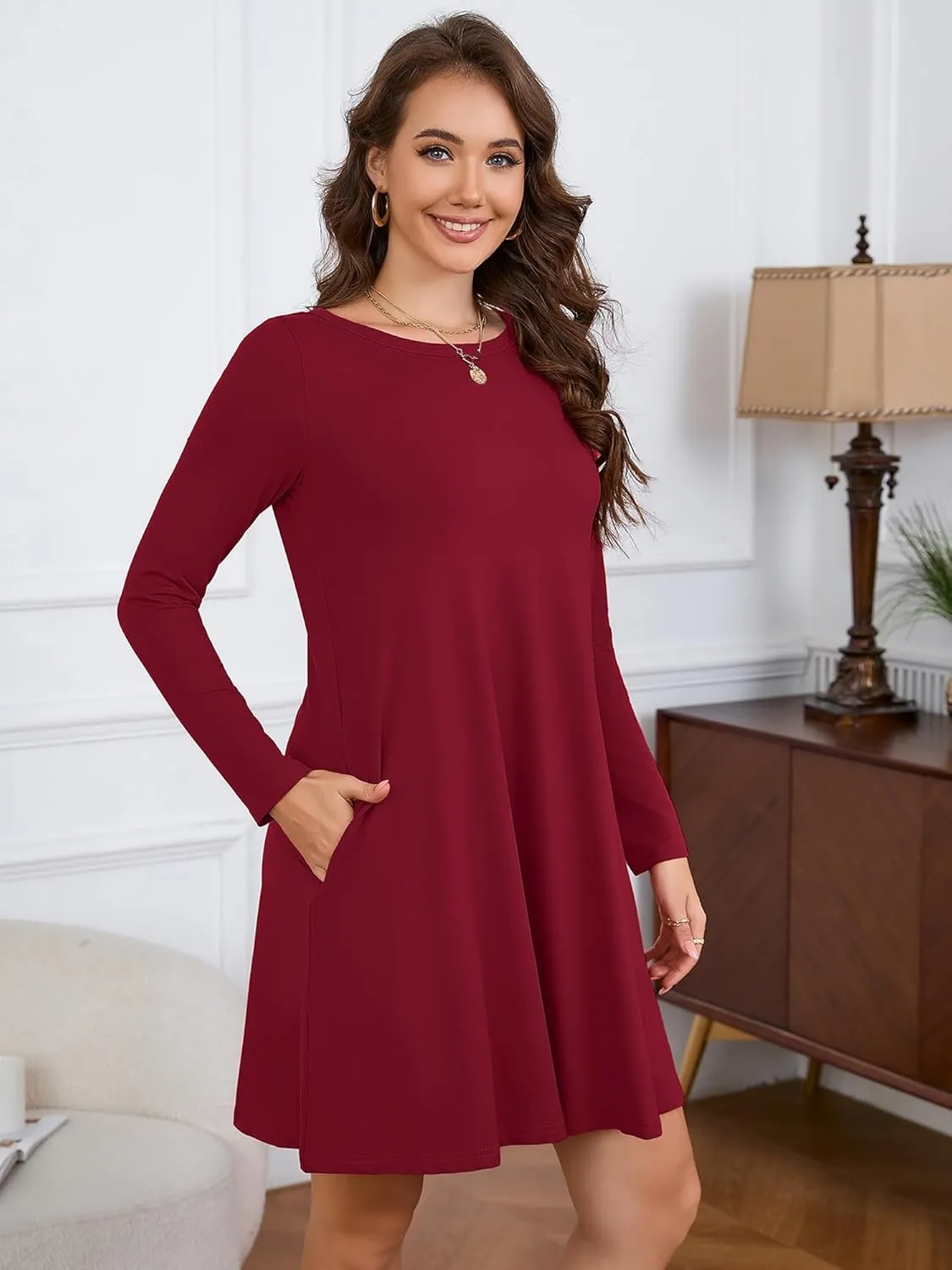 KORSIS Women Long Sleeve Tops T-Shirt Dress Round Neck Casual A-Line Loose Vocation Fall Winter Dress with Pockets