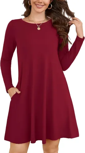 KORSIS Women Long Sleeve Tops T-Shirt Dress Round Neck Casual A-Line Loose Vocation Fall Winter Dress with Pockets