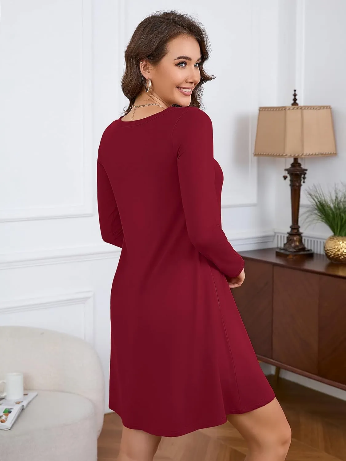 KORSIS Women Long Sleeve Tops T-Shirt Dress Round Neck Casual A-Line Loose Vocation Fall Winter Dress with Pockets