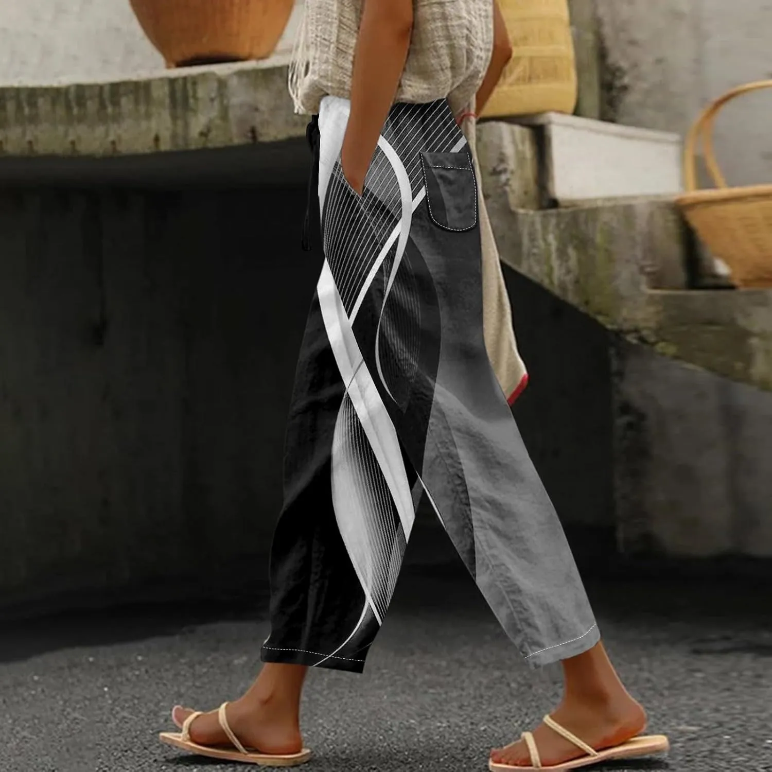 Ladies Gradient Color Printing Drawstring Pocket Elastic Waist Dressy Casual Loose Fit Fashion