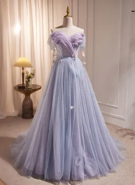 Light Purple Beaded Off Shoulder Long Tulle Formal Dress, Light Purple Prom Dress