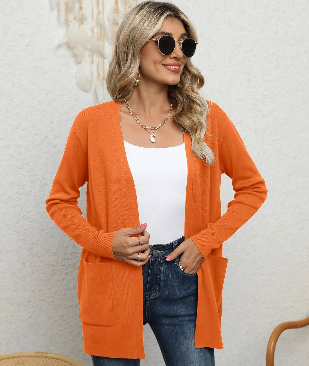 LILBETTER Womens Casual Lightweight Long Sleeve Open Front Cardigan Sweaters with Pockets