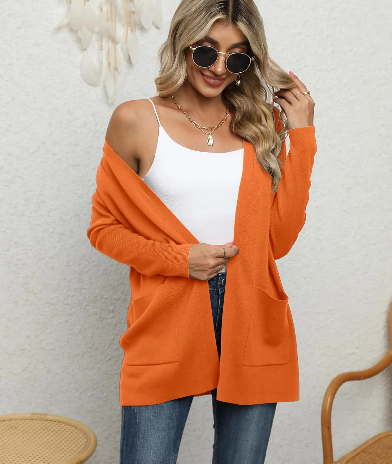 LILBETTER Womens Casual Lightweight Long Sleeve Open Front Cardigan Sweaters with Pockets