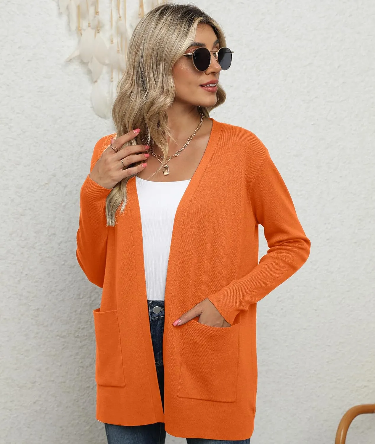 LILBETTER Womens Casual Lightweight Long Sleeve Open Front Cardigan Sweaters with Pockets