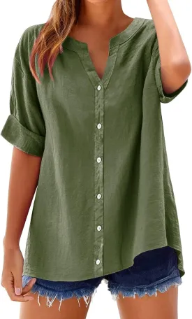 Linen Shirts for Women V Neck Button Down Blouse Roll Up Short Sleeve Tunics Vintage Beach Tops Travel Clothes