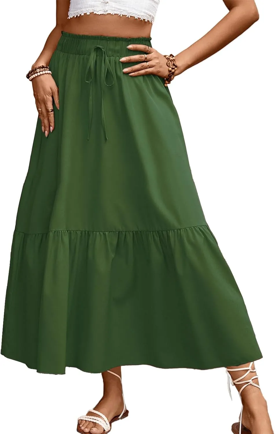 Long Skirts for Women High Elastic Waist Skirt Casual Summer Fake Drawstring Floral Pleated A Line Boho Cute Skirts 8627