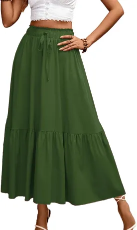 Long Skirts for Women High Elastic Waist Skirt Casual Summer Fake Drawstring Floral Pleated A Line Boho Cute Skirts 8627
