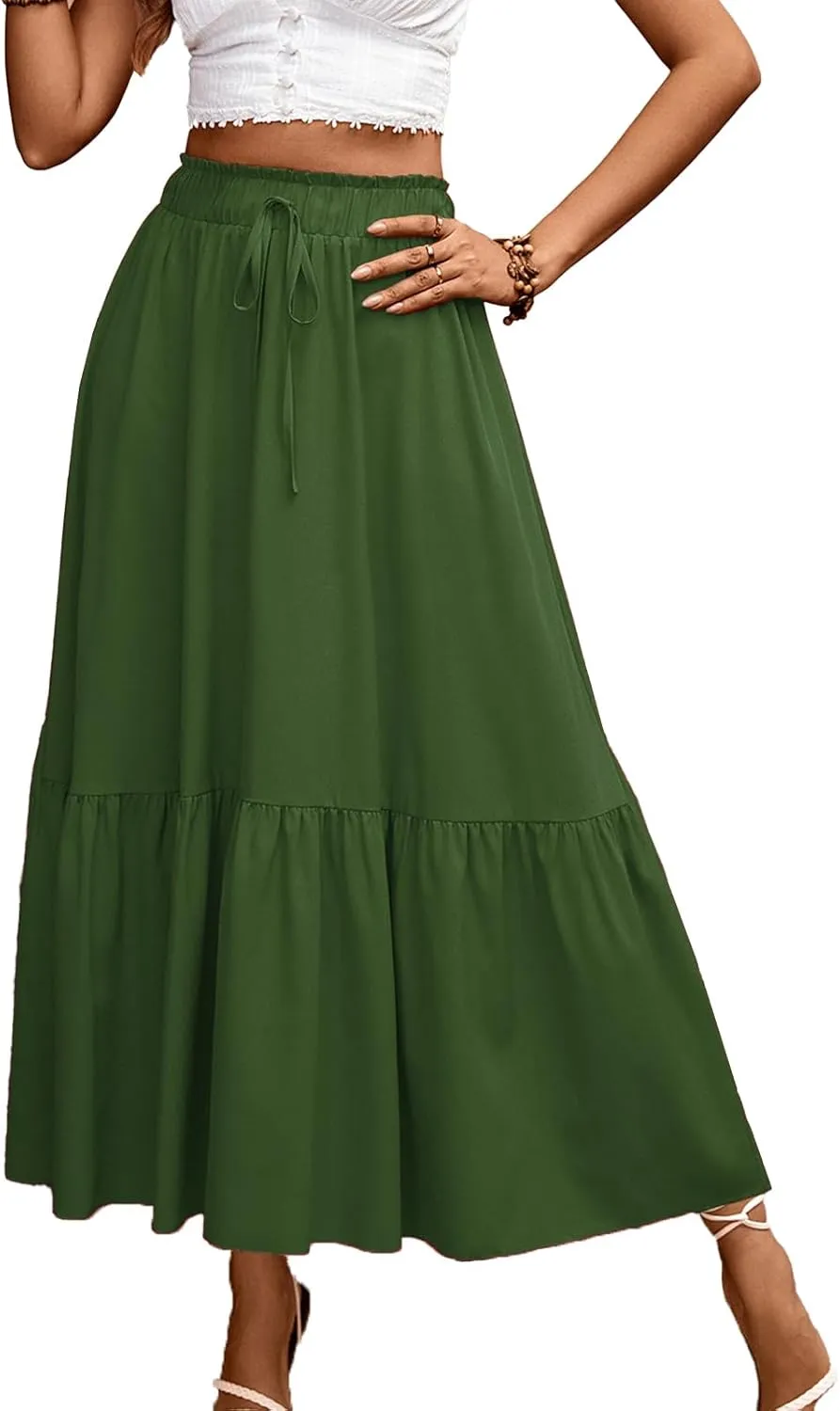 Long Skirts for Women High Elastic Waist Skirt Casual Summer Fake Drawstring Floral Pleated A Line Boho Cute Skirts 8627
