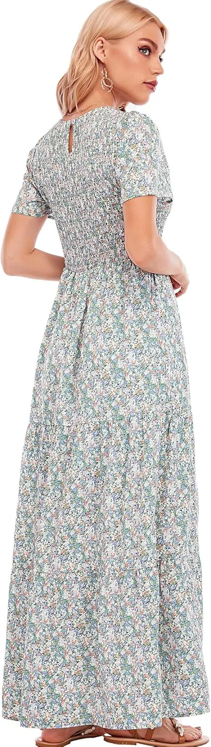 MANAIXUAN Women's Summer Casual Floral Print Party Maxi Dresses Short Sleeve A Line Long Tiered Sun Dress