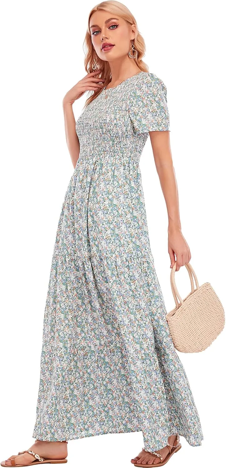MANAIXUAN Women's Summer Casual Floral Print Party Maxi Dresses Short Sleeve A Line Long Tiered Sun Dress