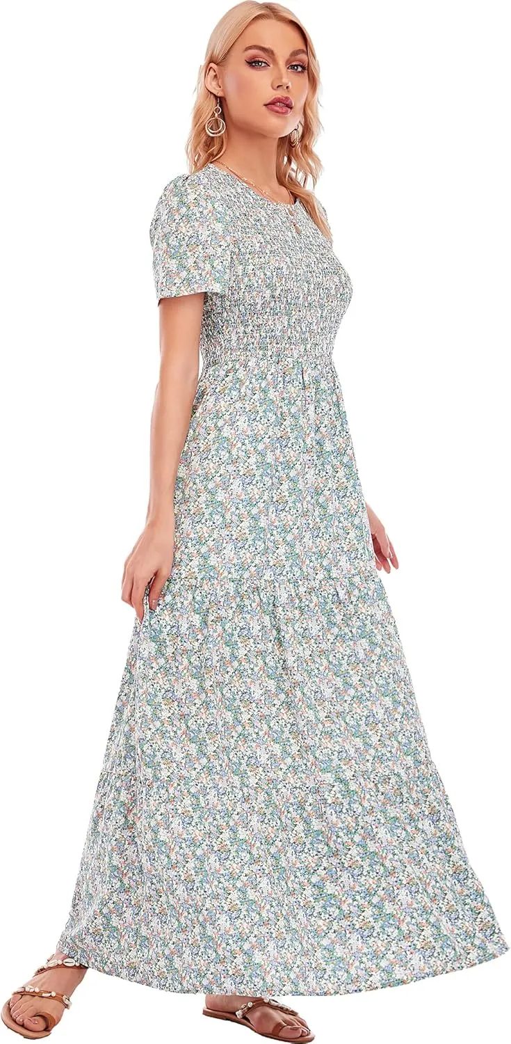 MANAIXUAN Women's Summer Casual Floral Print Party Maxi Dresses Short Sleeve A Line Long Tiered Sun Dress