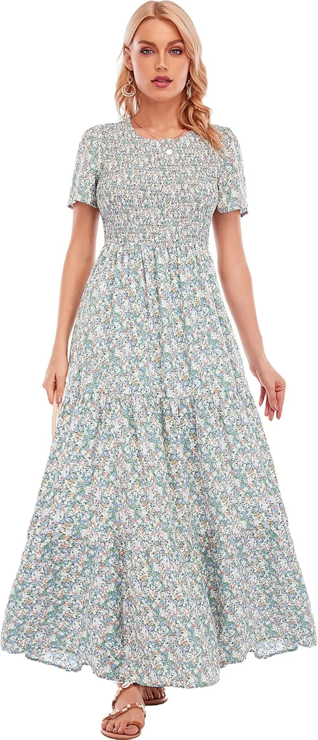 MANAIXUAN Women's Summer Casual Floral Print Party Maxi Dresses Short Sleeve A Line Long Tiered Sun Dress