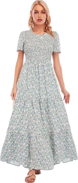 MANAIXUAN Women's Summer Casual Floral Print Party Maxi Dresses Short Sleeve A Line Long Tiered Sun Dress